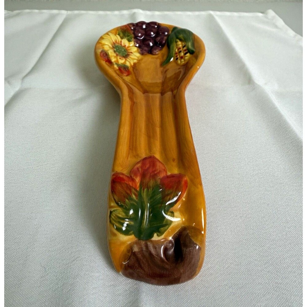 Beautiful Ceramic Spoon Rest Multicolor Hand Painted Raised Fruit Floral